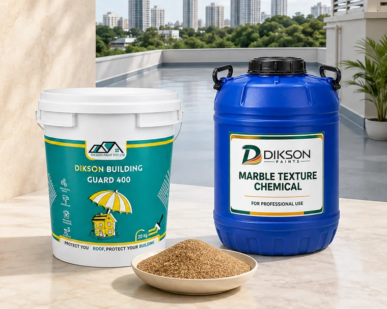 Dikson Building Guard 400 waterproofing coating and Dikson marble texture chemical, with a bowl of marble texture chips, on a rooftop